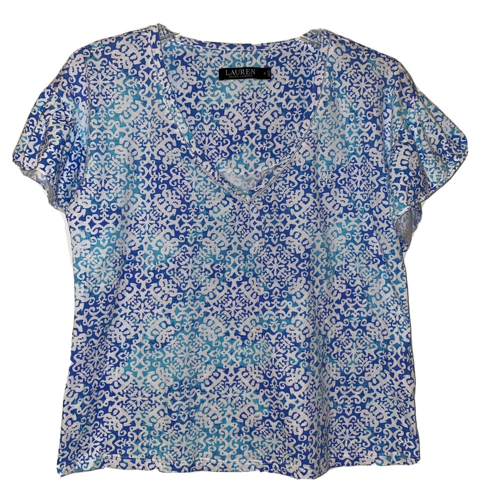 Lauren Ralph Lauren Blue White Ikat Ruffle Sleeve V Neck T Shirt EUC Sz Small